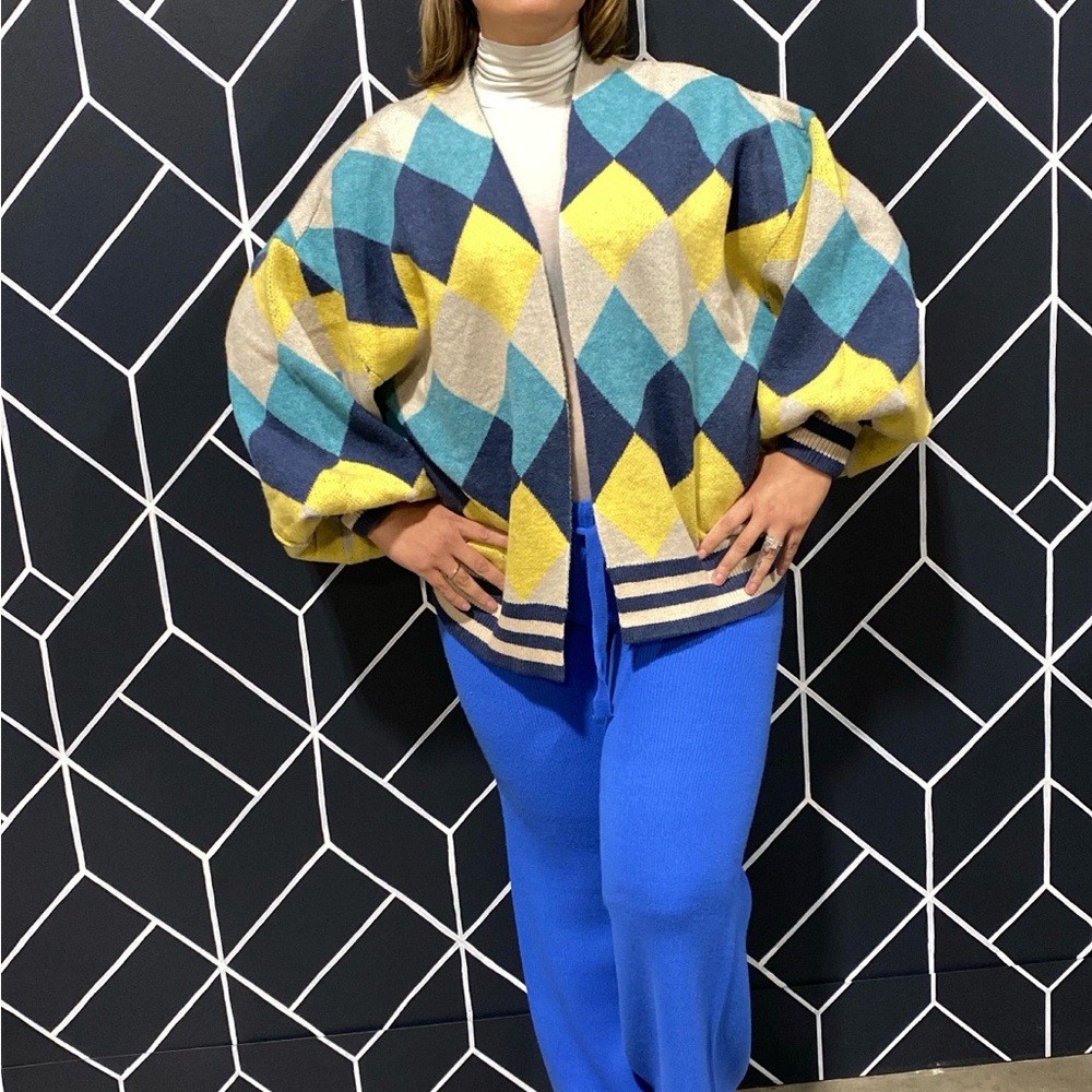 Blue and Yellow Cardigan with Geometric Pattern